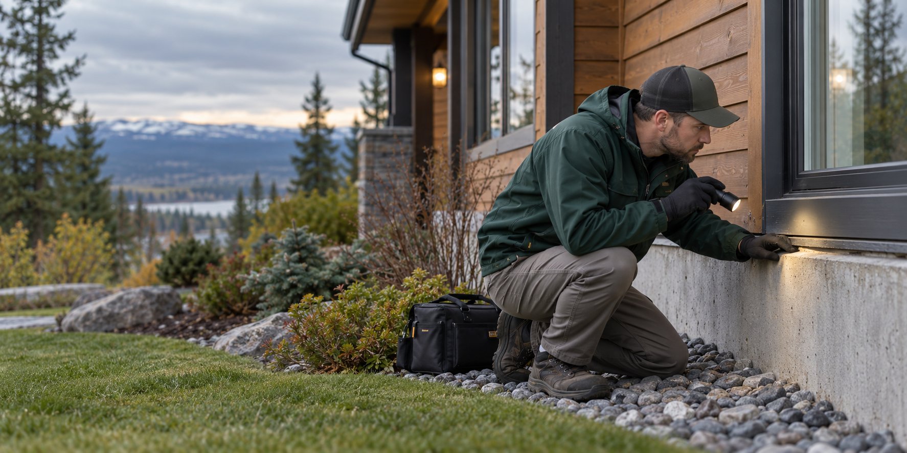 Pest control technician inspecting the exterior of a home