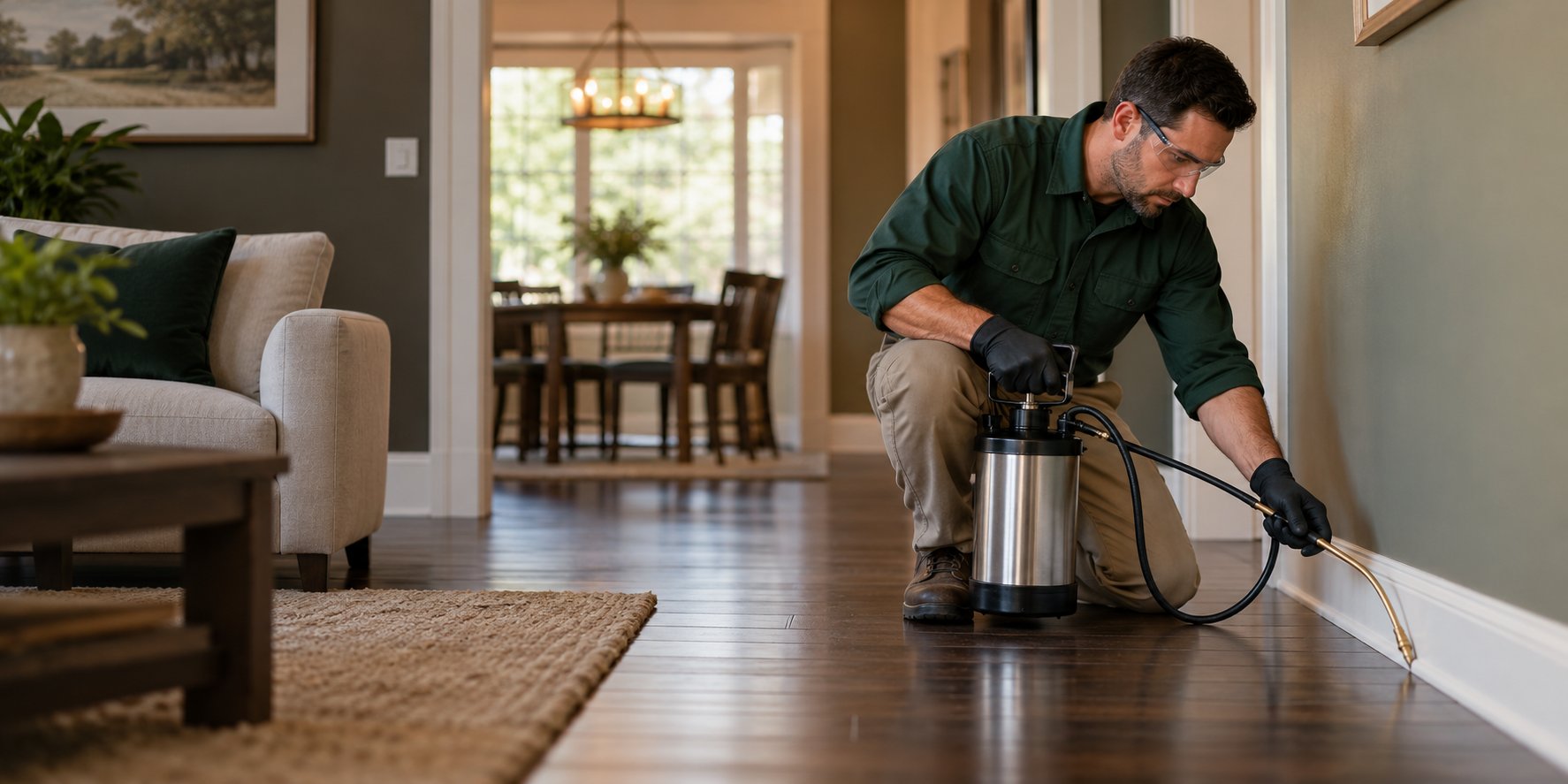 Professional pest control treatment along a home's baseboard