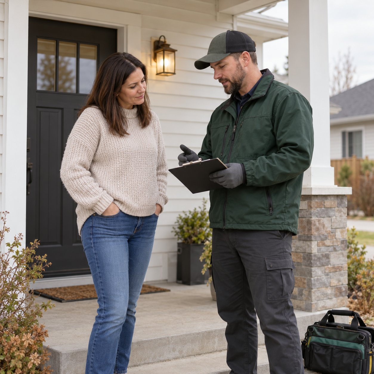 A technician discussing a property inspection with a homeowner