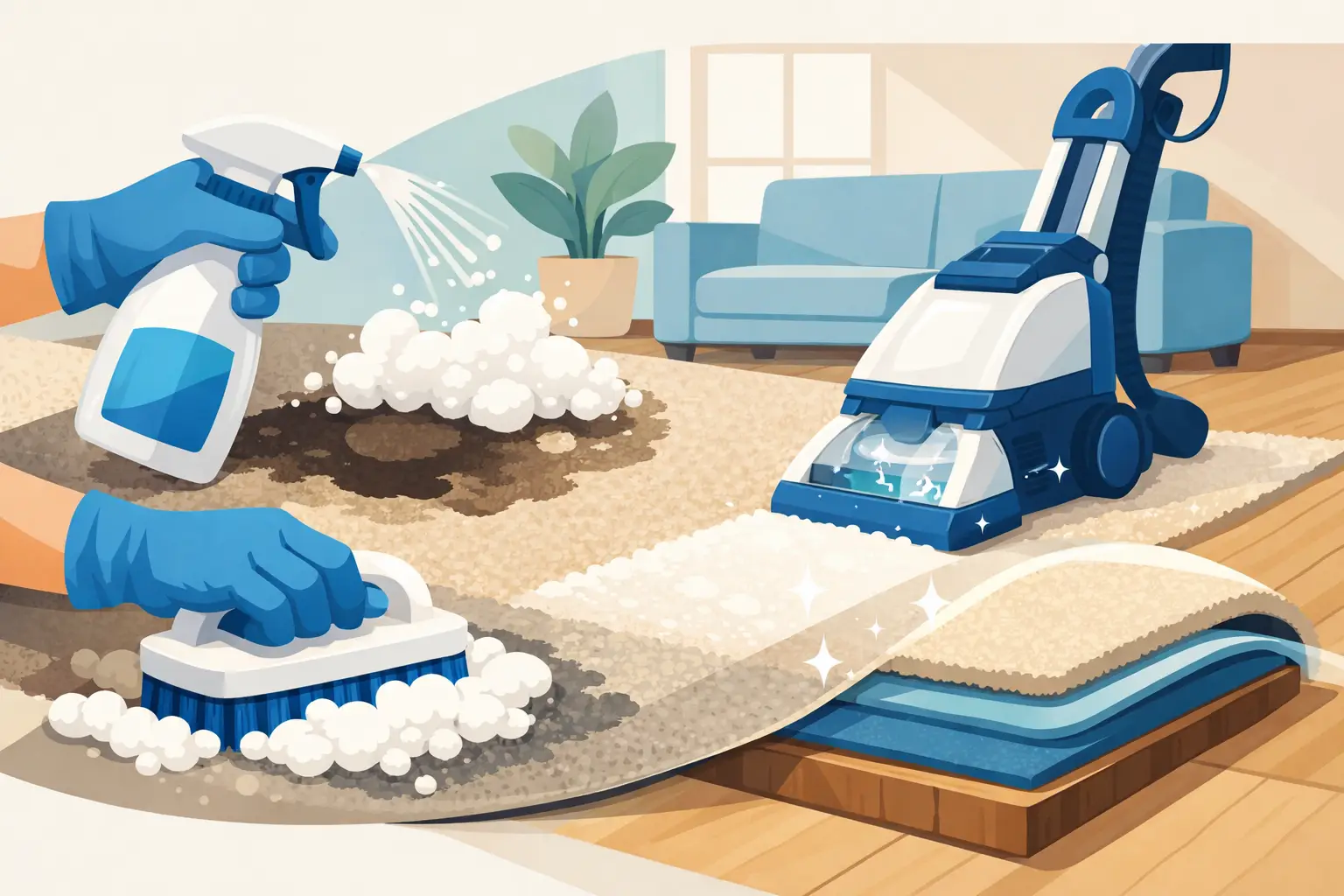 Illustration of carpet cleaning equipment and a carpet being cleaned