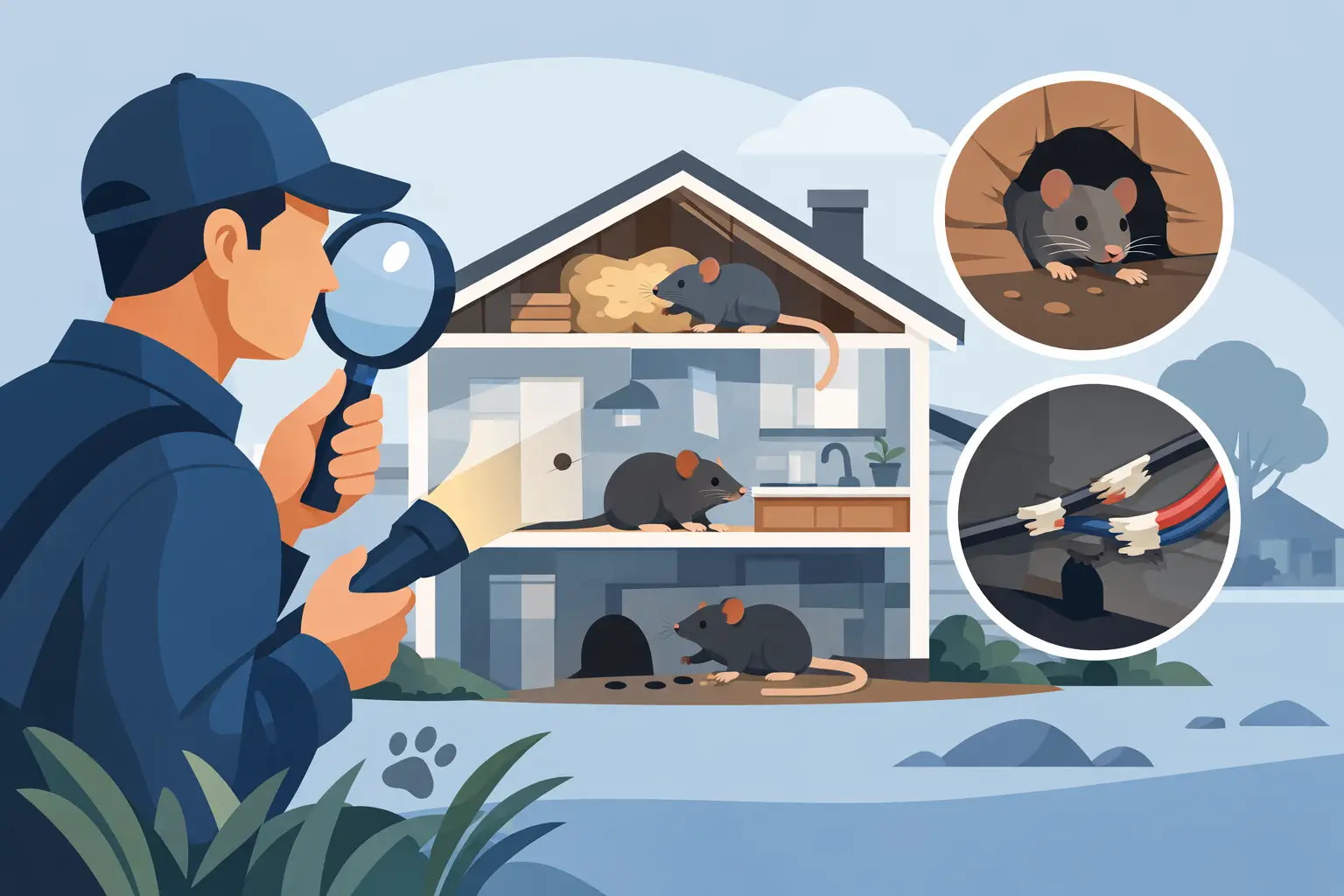 Illustration of a technician checking a house for rodent activity