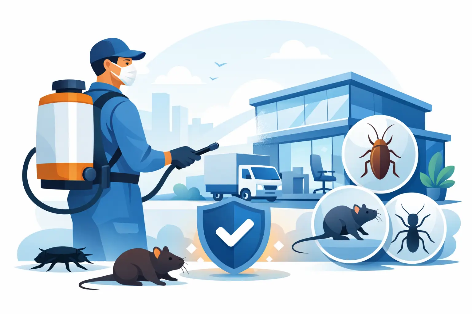 Illustration of a pest control technician, property, and common pests
