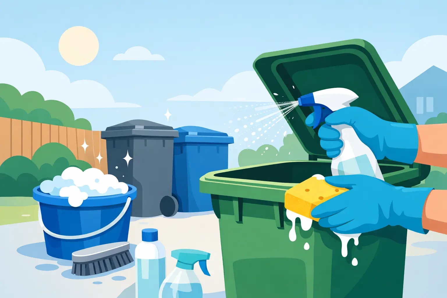 Illustration of outdoor garbage bins being cleaned