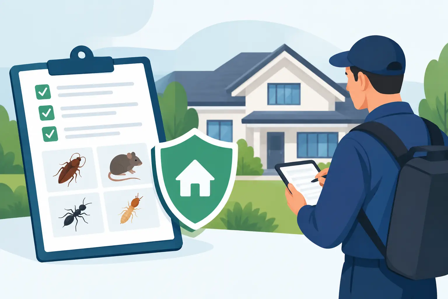Illustration of a technician checking a home and recording pest concerns